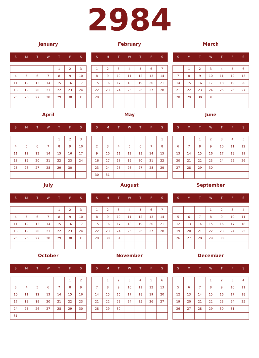 Printable 2984 Year Calendars falu