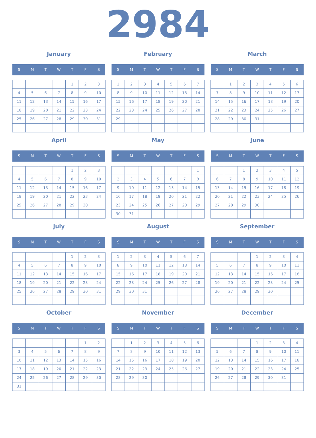 Printable 2984 Year Calendars glaucous