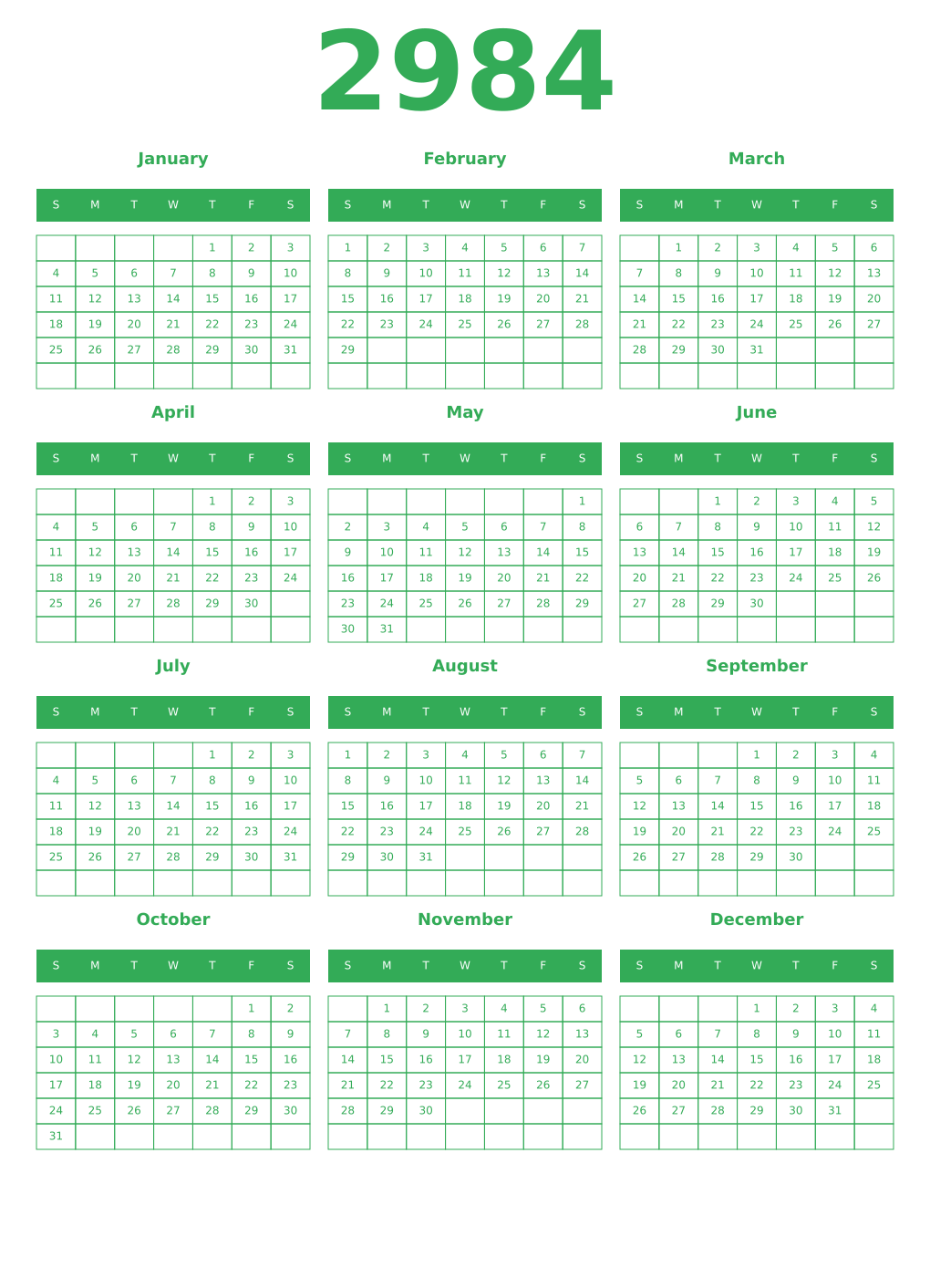 Printable 2984 Year Calendars green