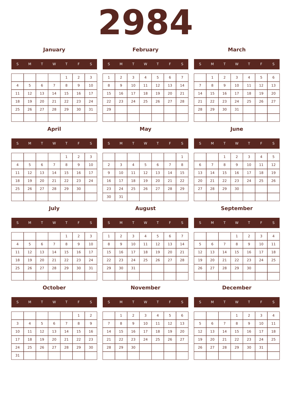 Printable 2984 Year Calendars mortuum