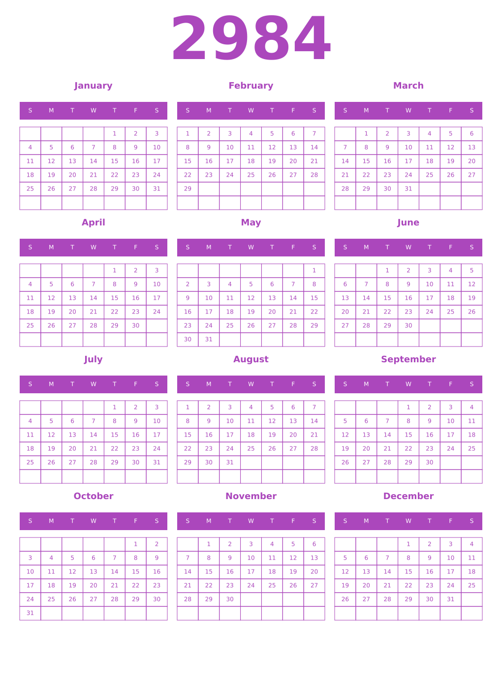 Printable 2984 Year Calendars purple