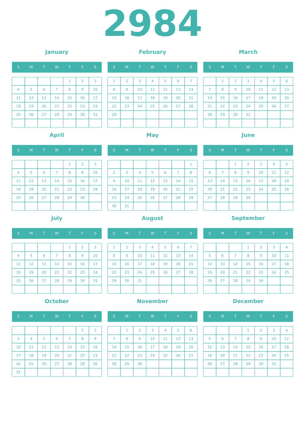 Printable 2984 Year Calendars verdigris