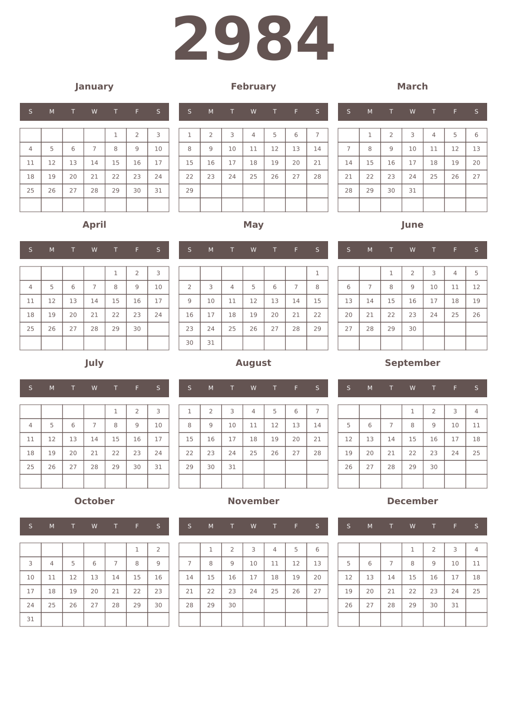Printable 2984 Year Calendars wenge