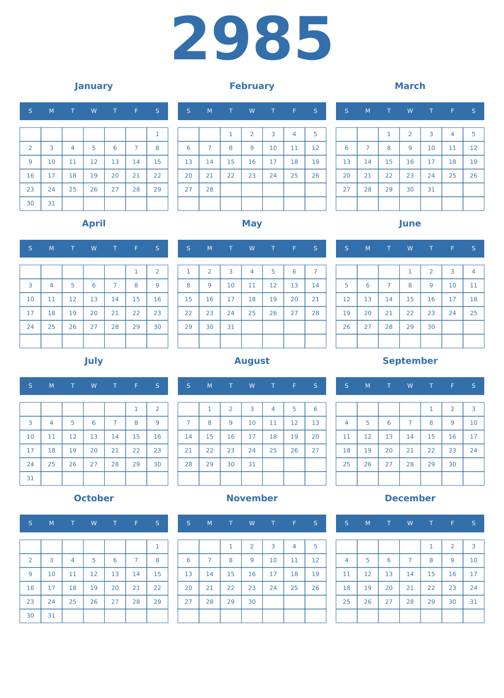 Printable 2985 Year Calendars blue