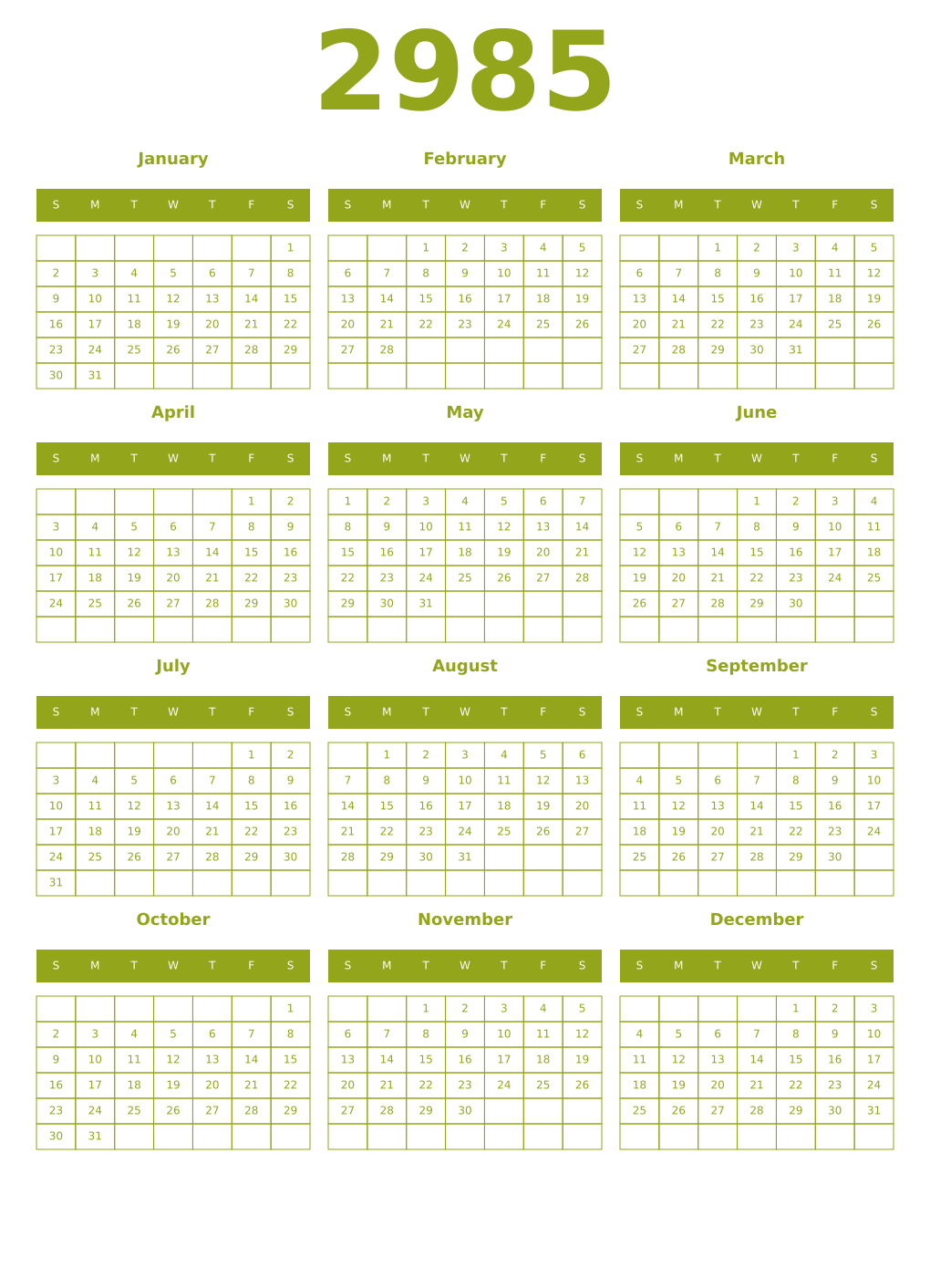 Printable 2985 Year Calendars chartreuse