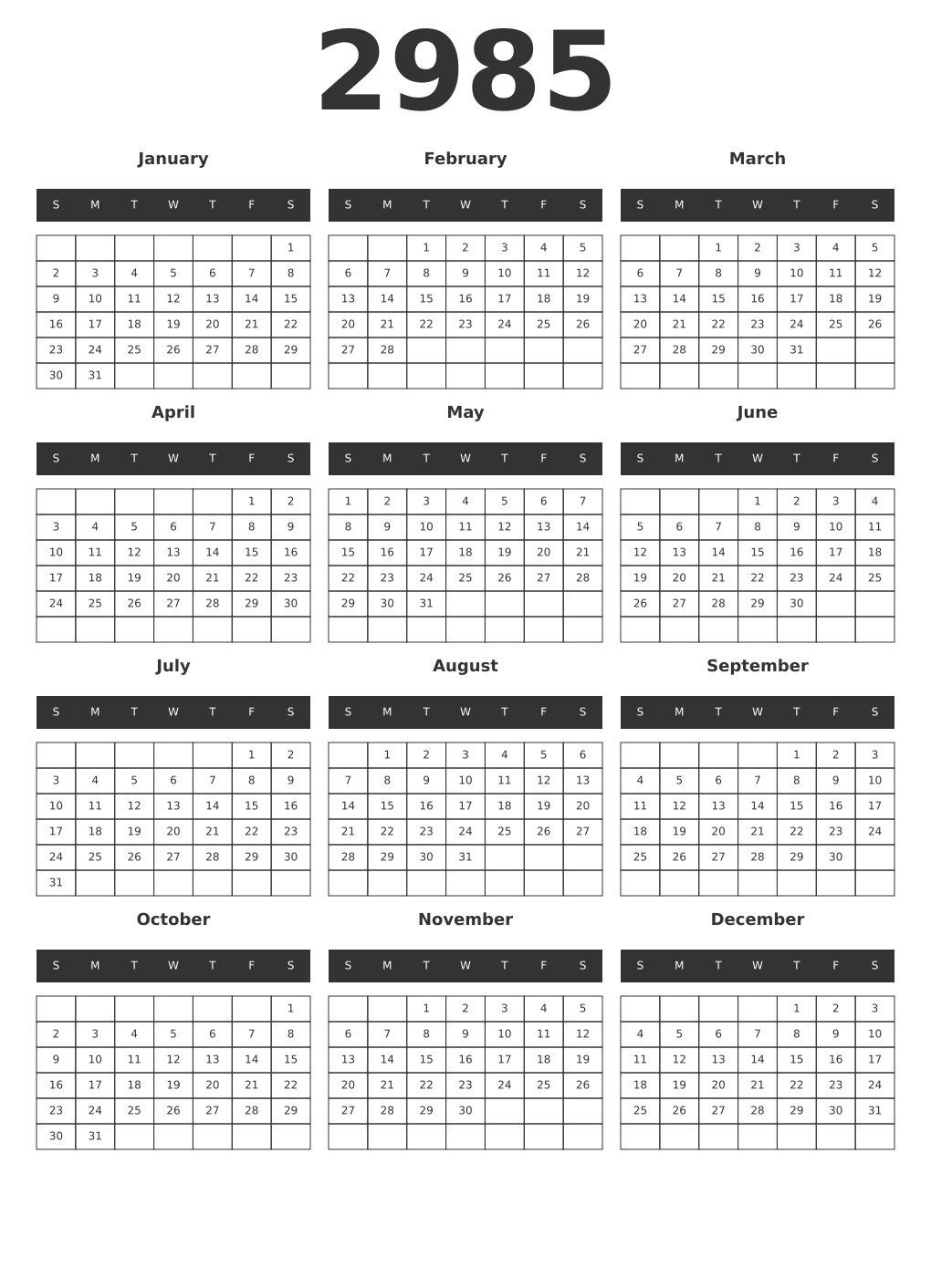Printable 2985 Year Calendars dark
