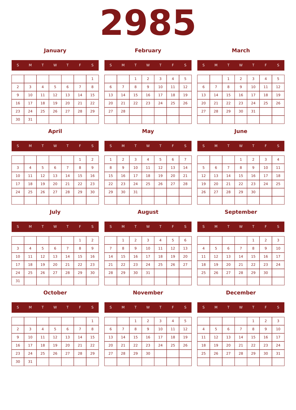 Printable 2985 Year Calendars falu