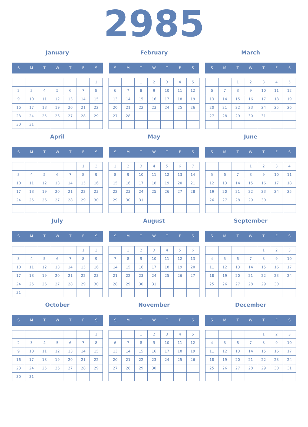 Printable 2985 Year Calendars glaucous