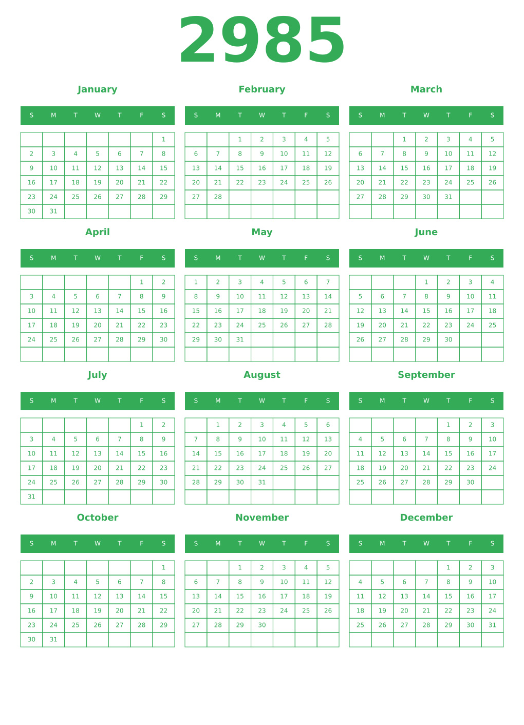 Printable 2985 Year Calendars green