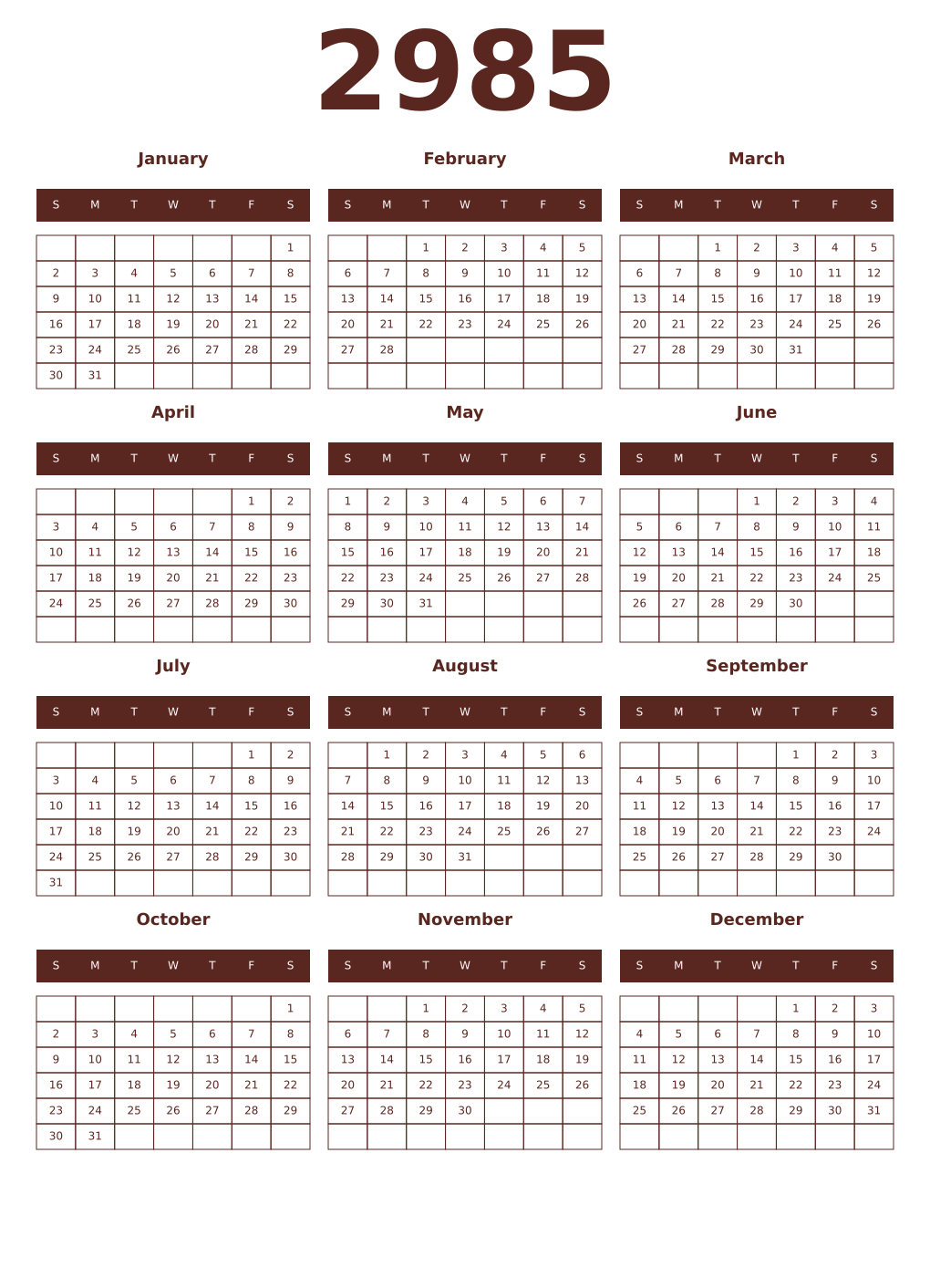 Printable 2985 Year Calendars mortuum