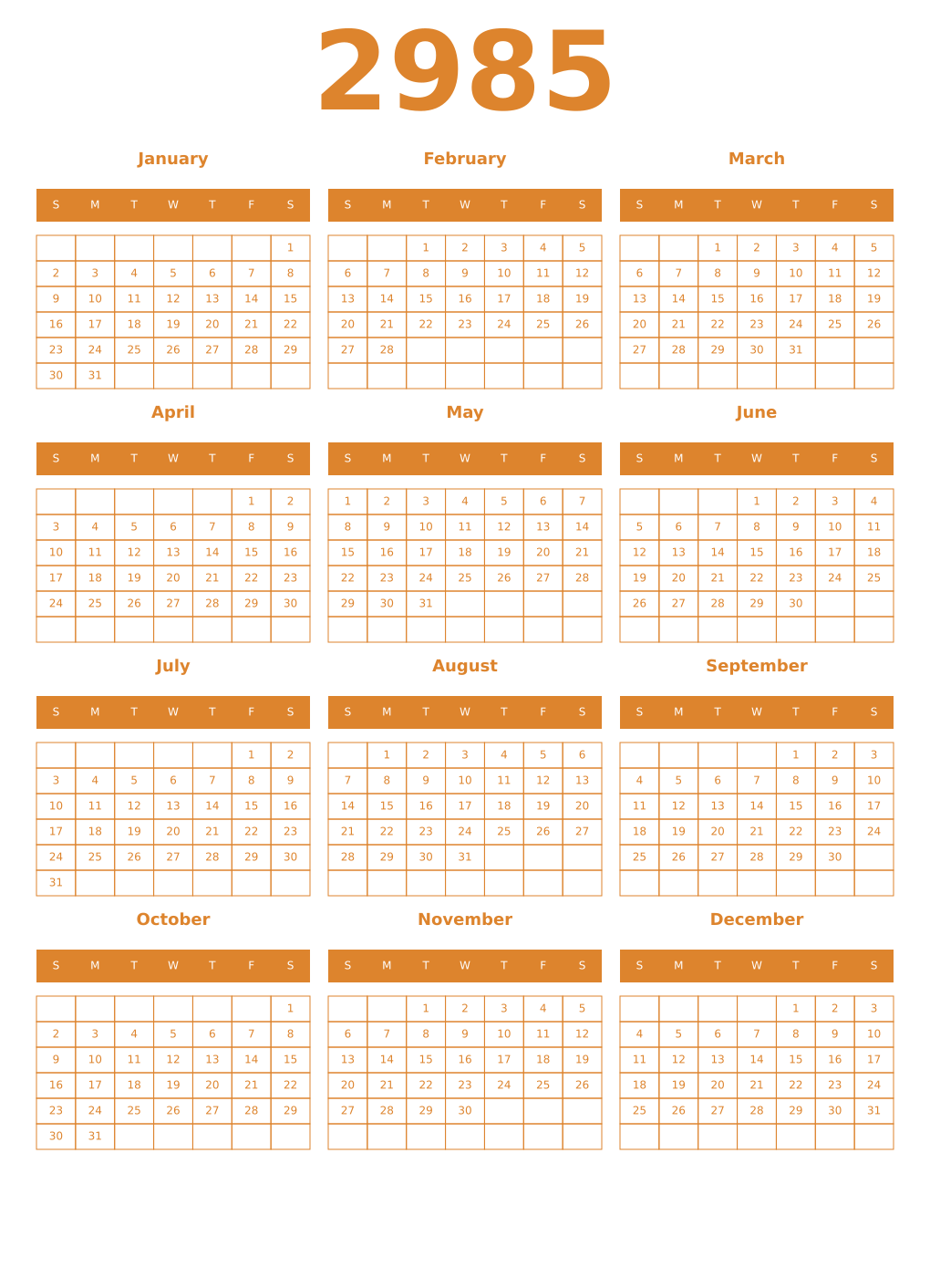 Printable 2985 Year Calendars orange