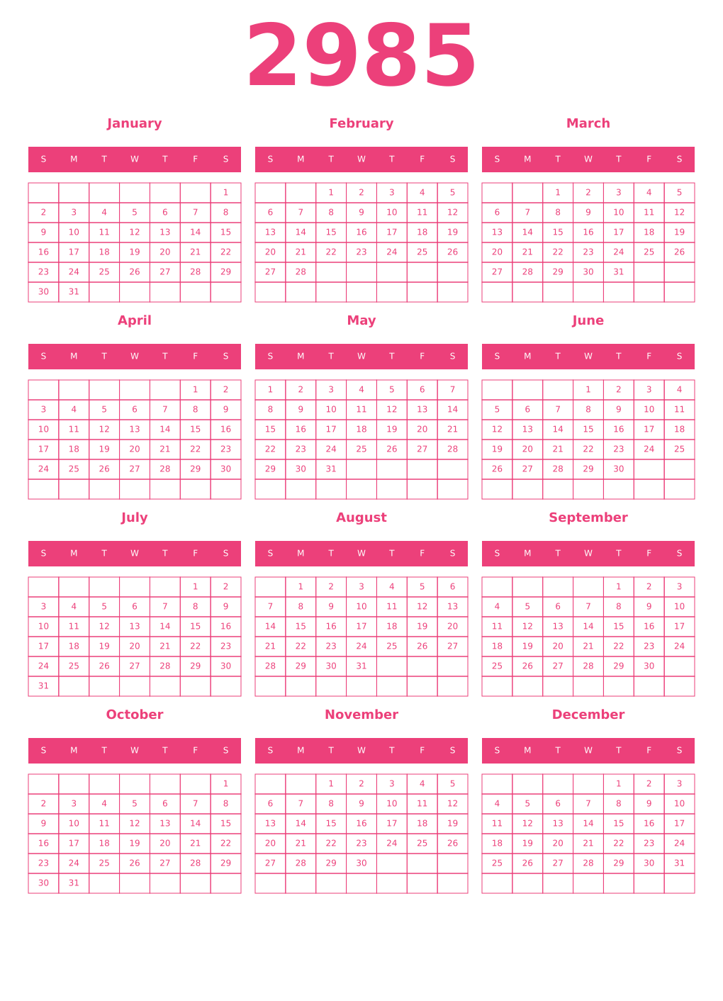 Printable 2985 Year Calendars pink