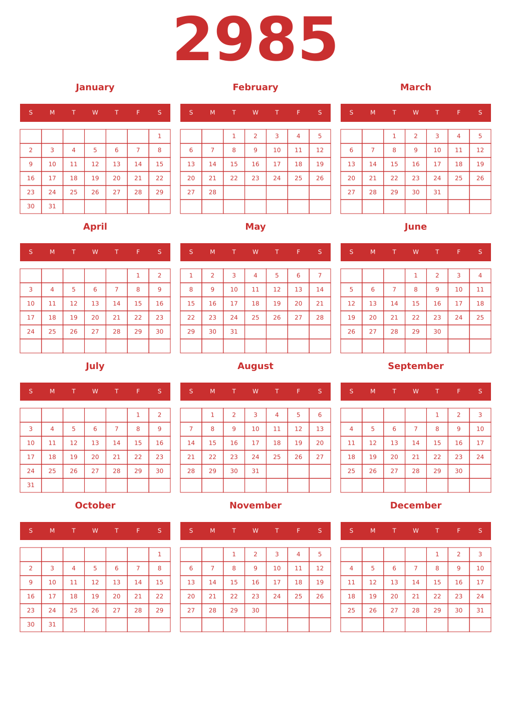 Printable 2985 Year Calendars red