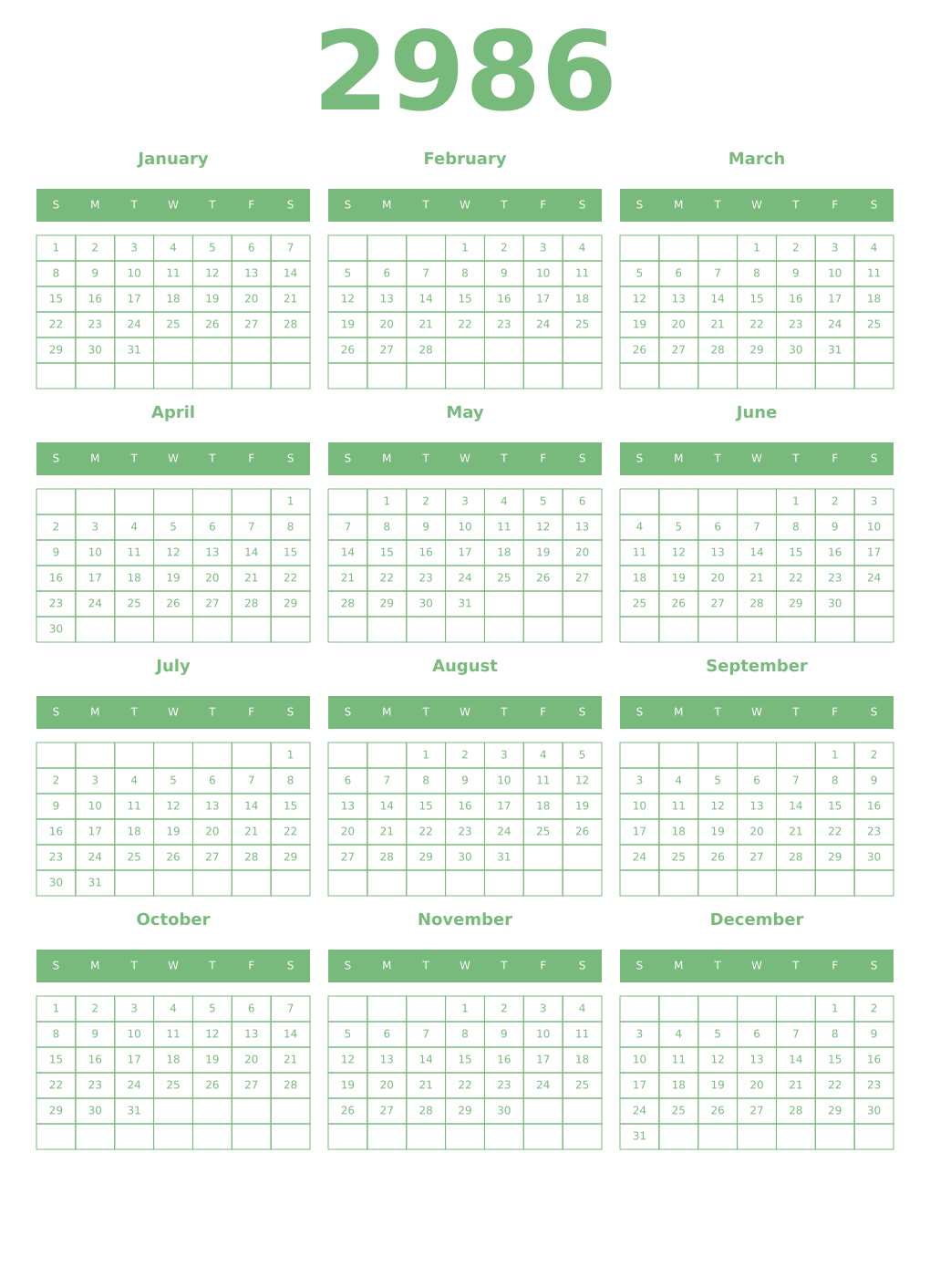 Printable 2986 Year Calendars celadon