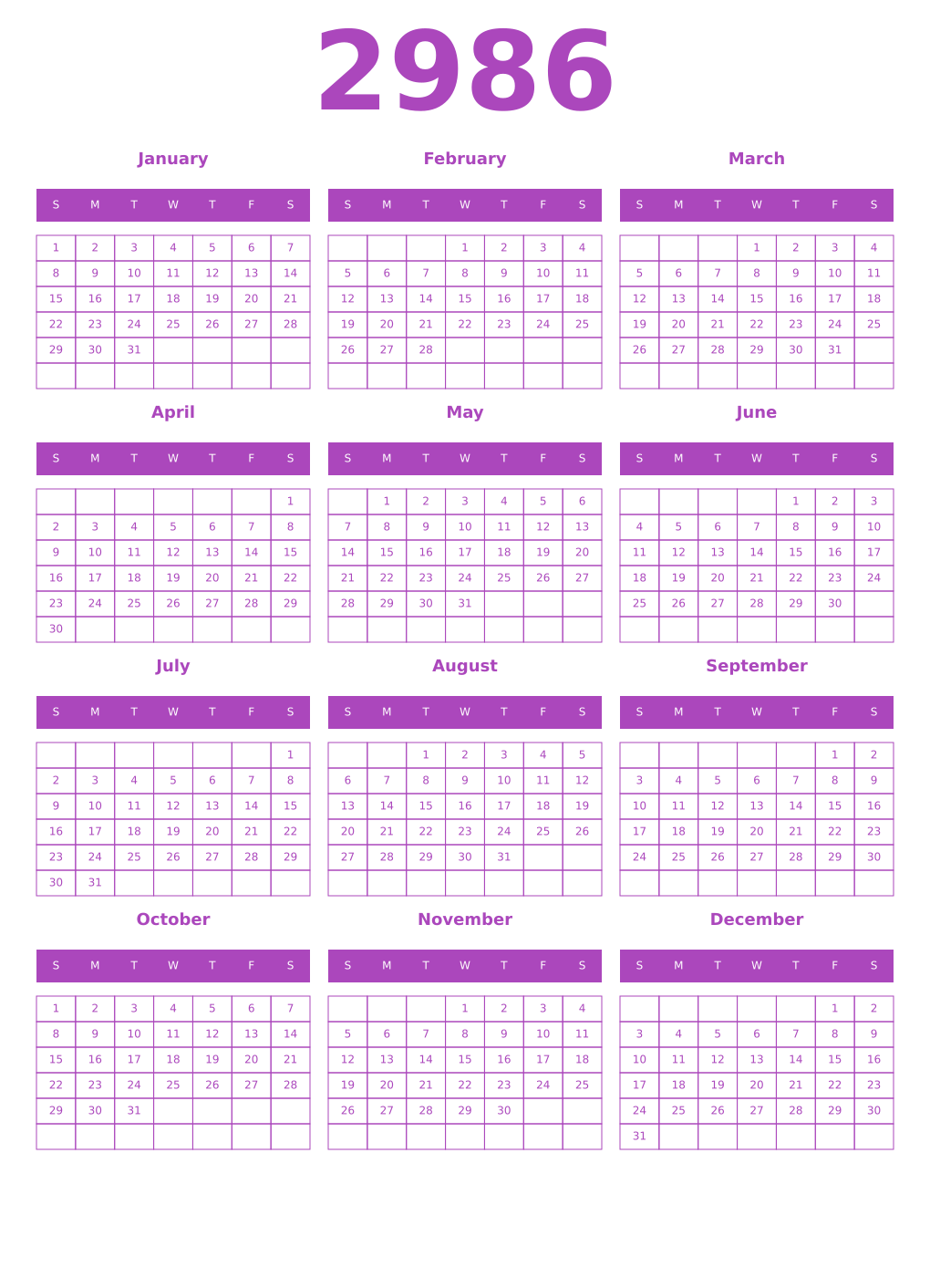 Printable 2986 Year Calendars purple