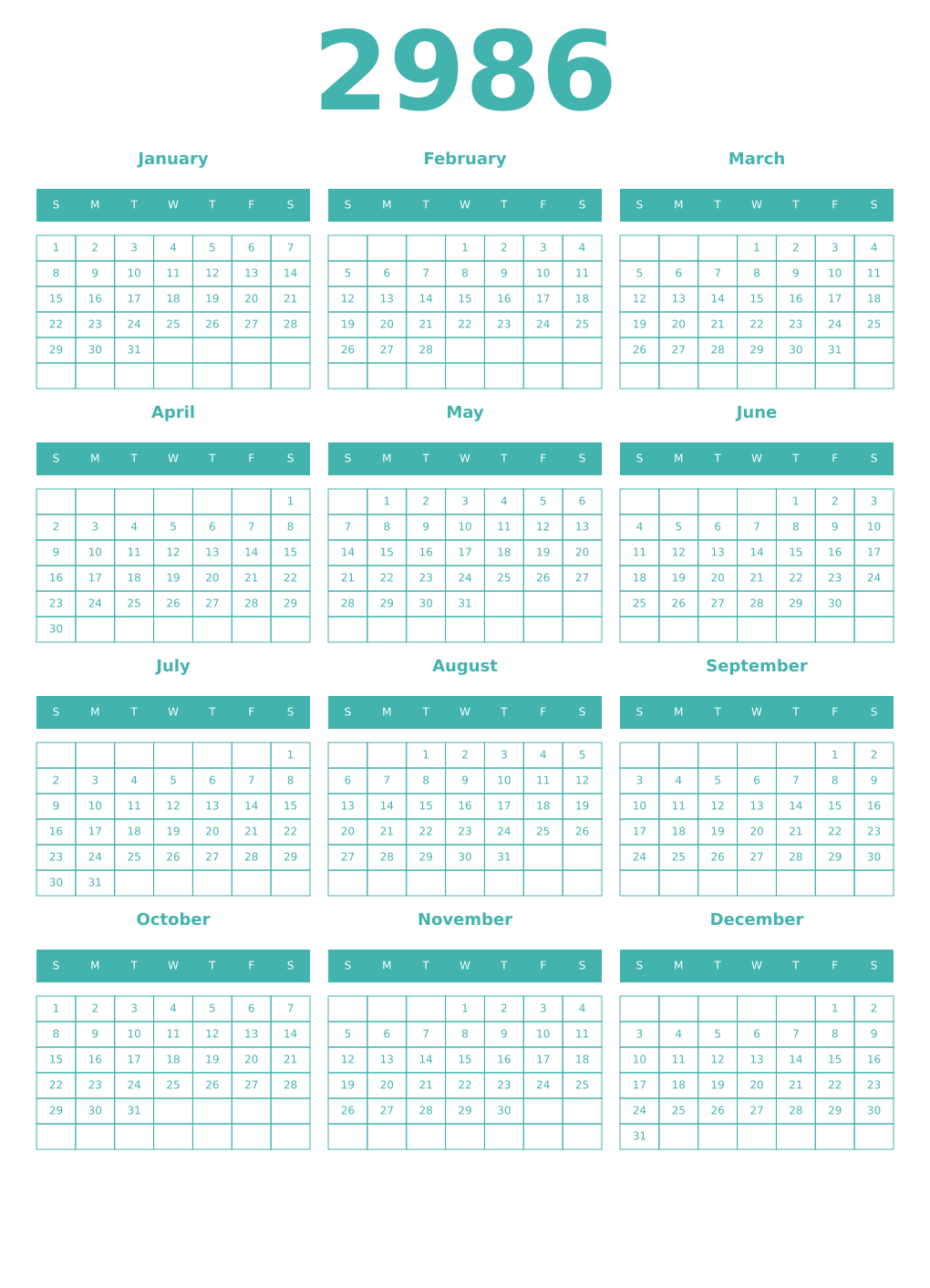 Printable 2986 Year Calendars verdigris
