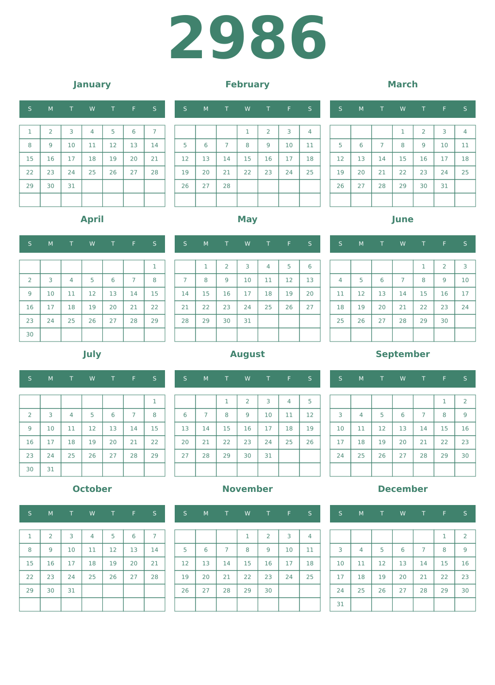 Printable 2986 Year Calendars viridian