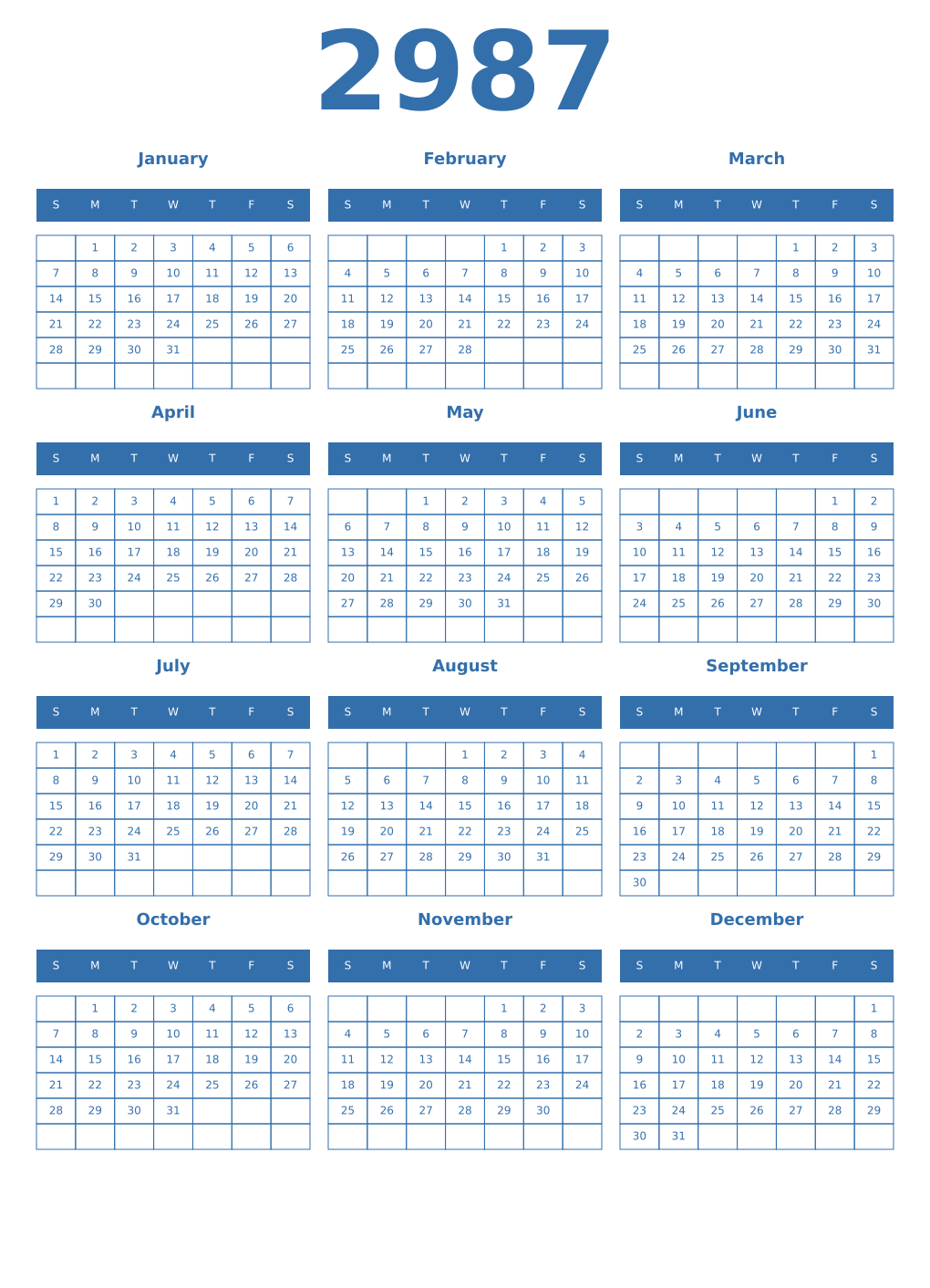 Printable 2987 Year Calendars blue