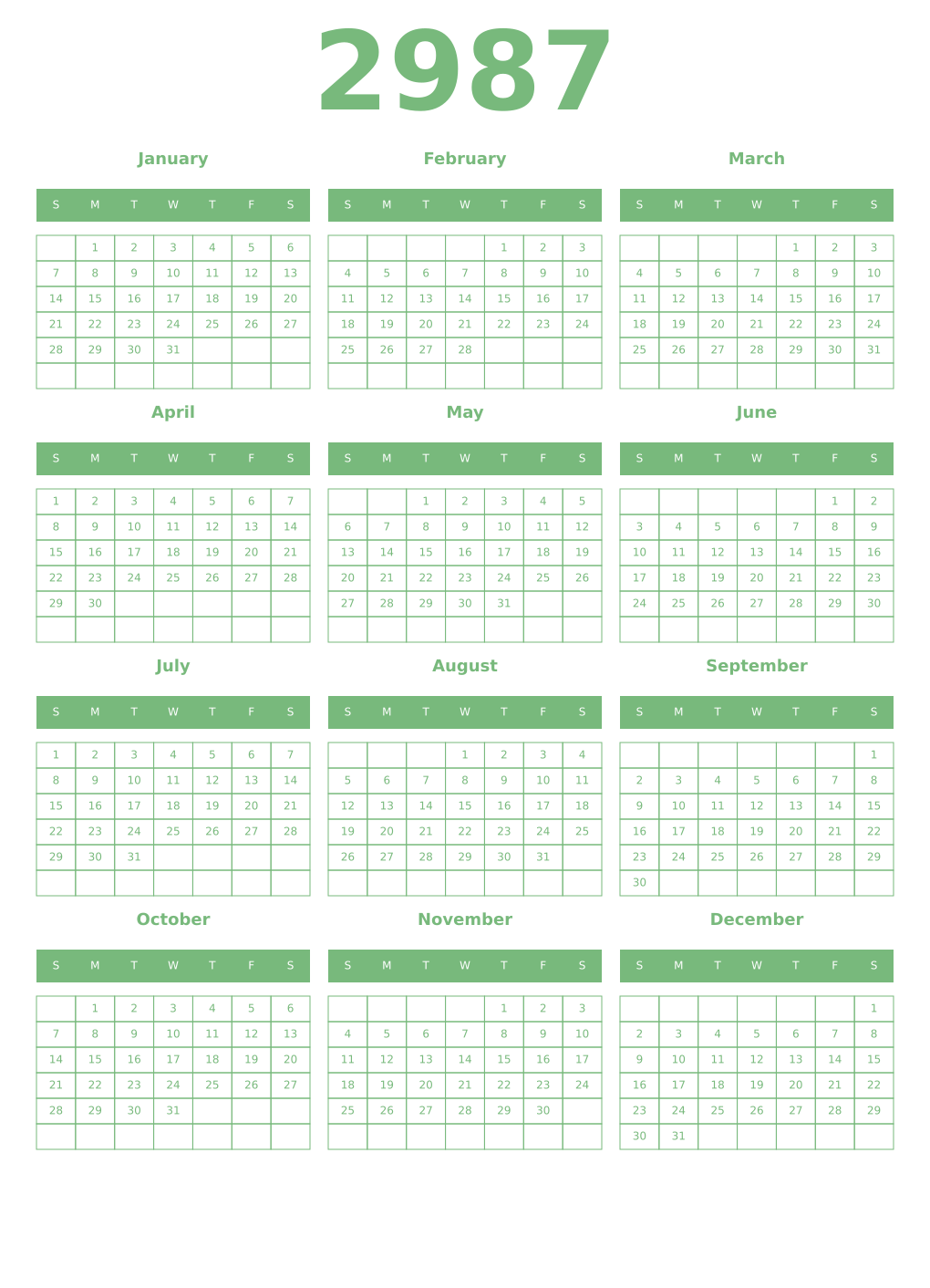 Printable 2987 Year Calendars celadon