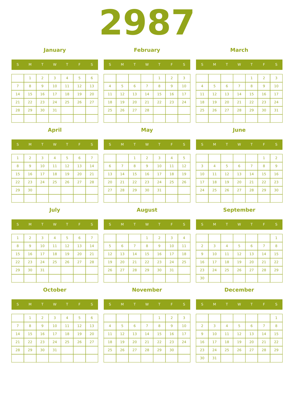 Printable 2987 Year Calendars chartreuse