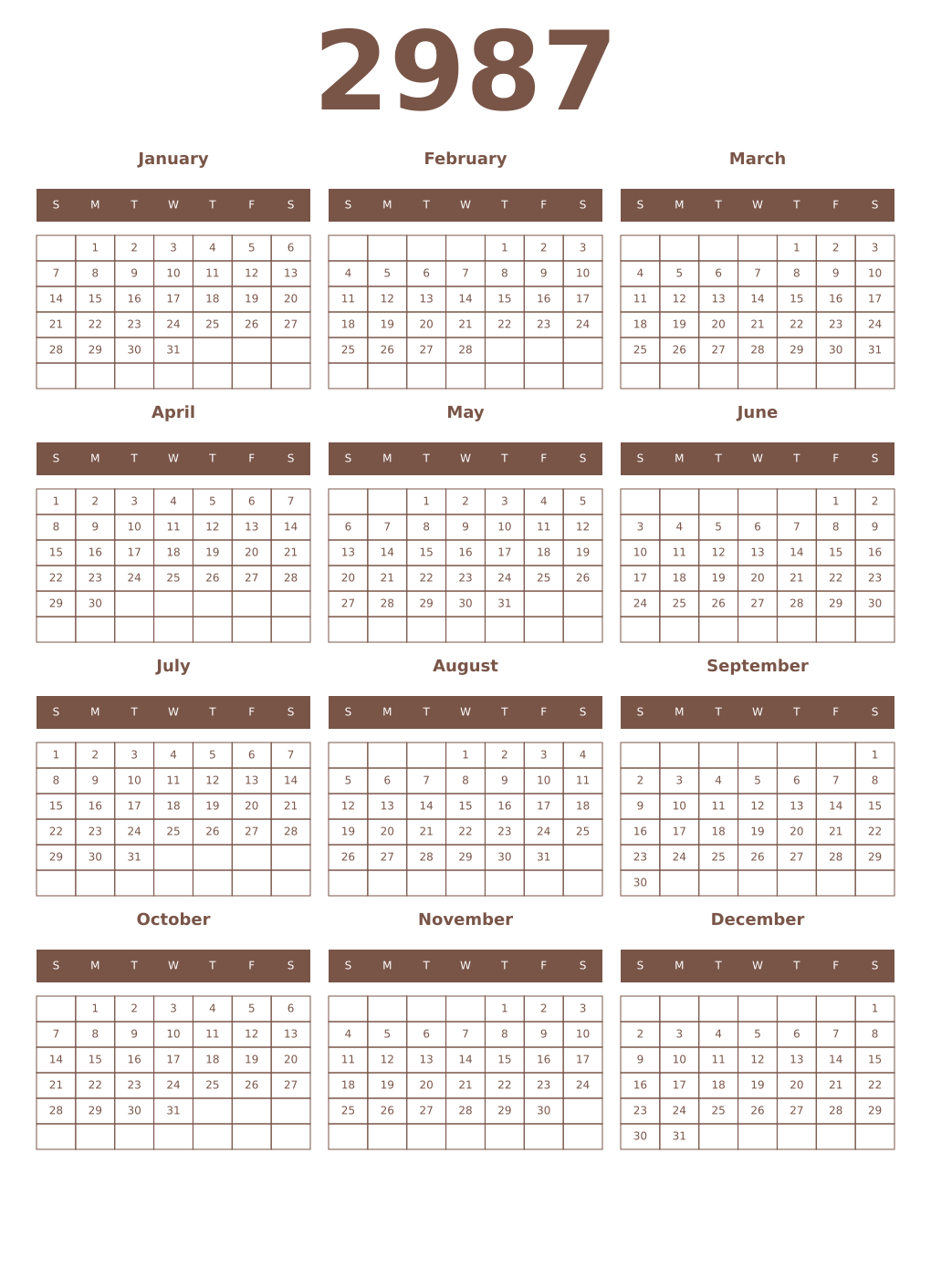 Printable 2987 Year Calendars coffe