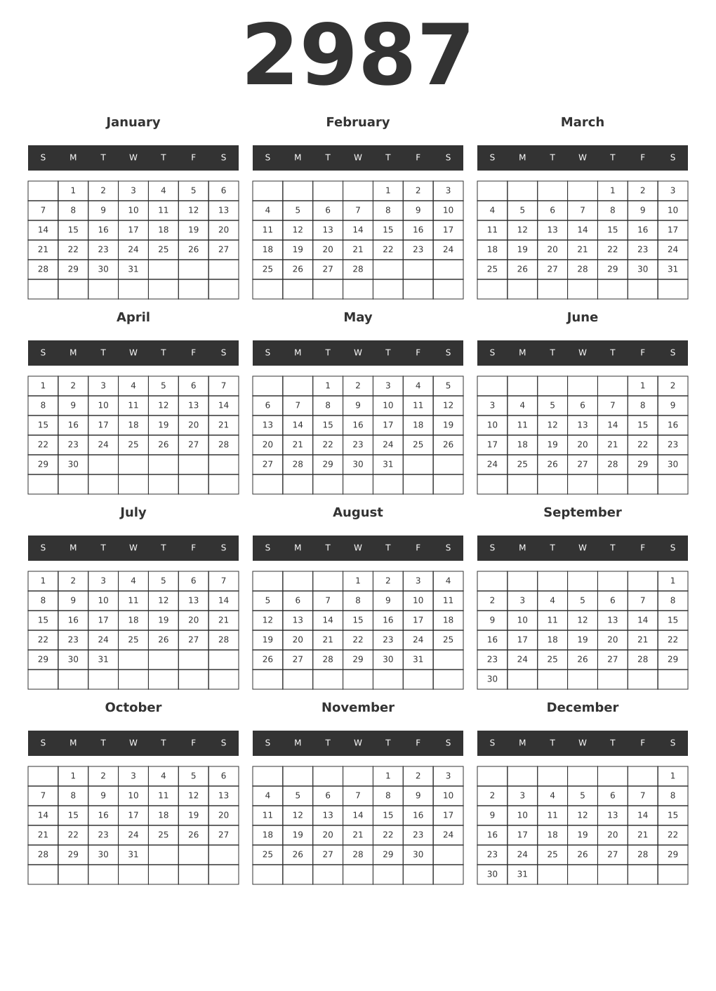 Printable 2987 Year Calendars dark