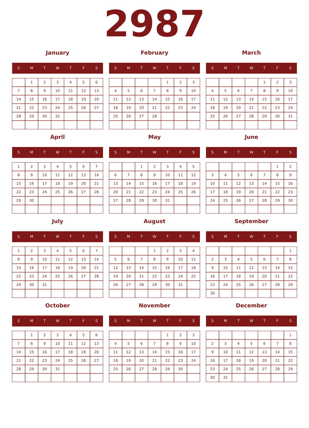 Printable 2987 Year Calendars falu