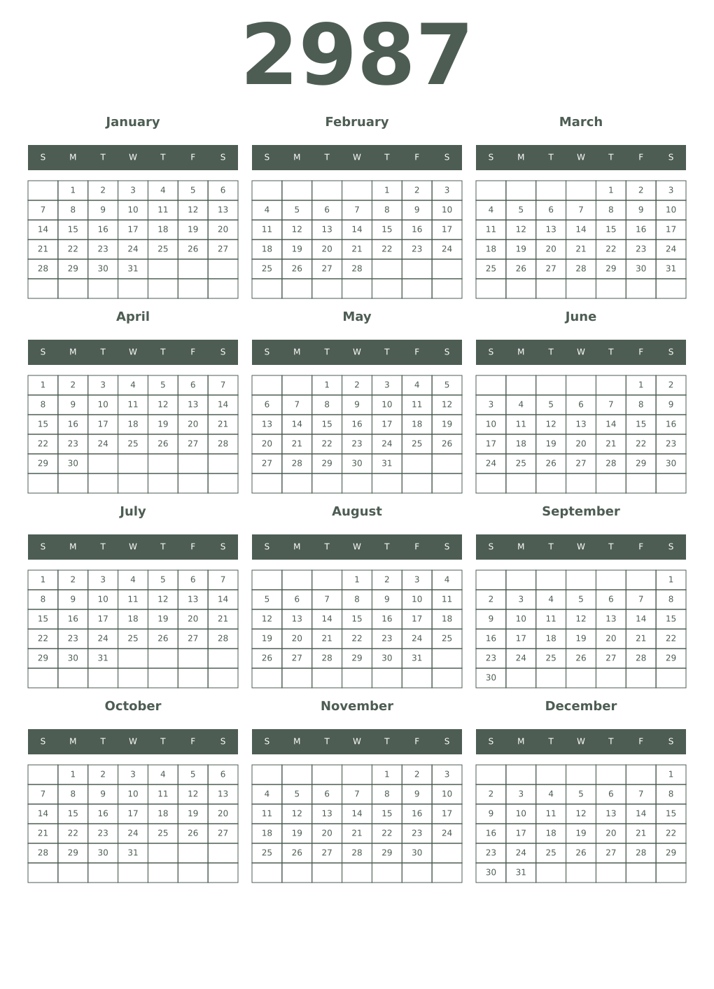 Printable 2987 Year Calendars feldgrau