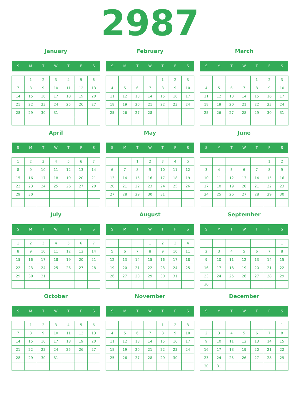 Printable 2987 Year Calendars green