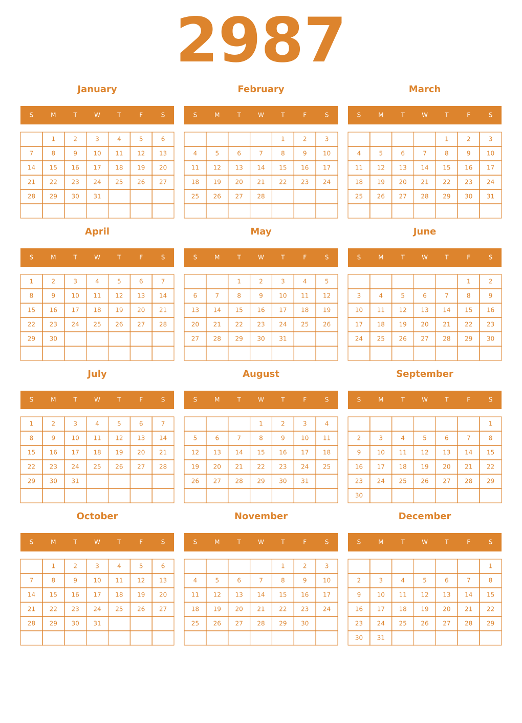 Printable 2987 Year Calendars orange