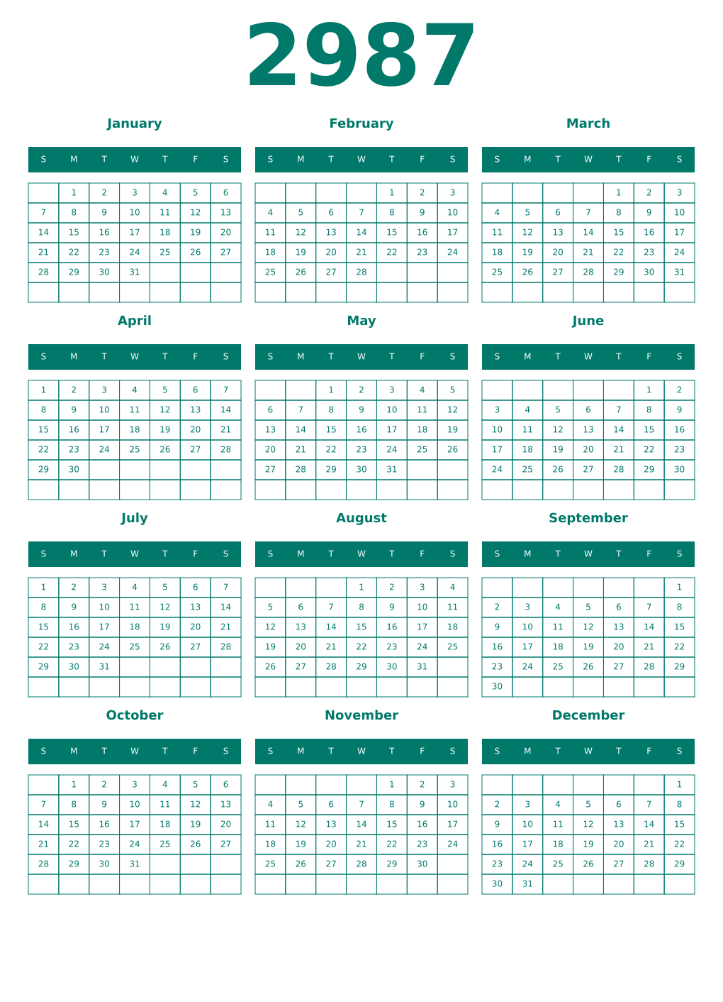 Printable 2987 Year Calendars pastel