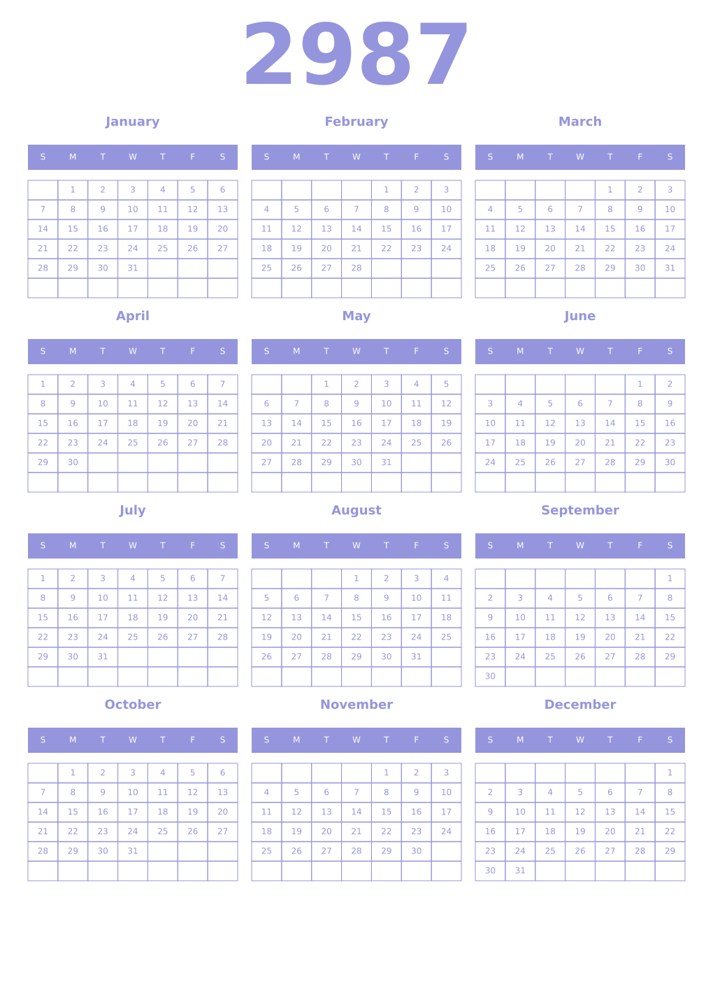 Printable 2987 Year Calendars periwinkle