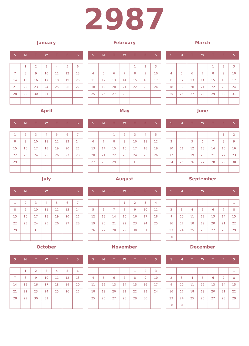 Printable 2987 Year Calendars puce