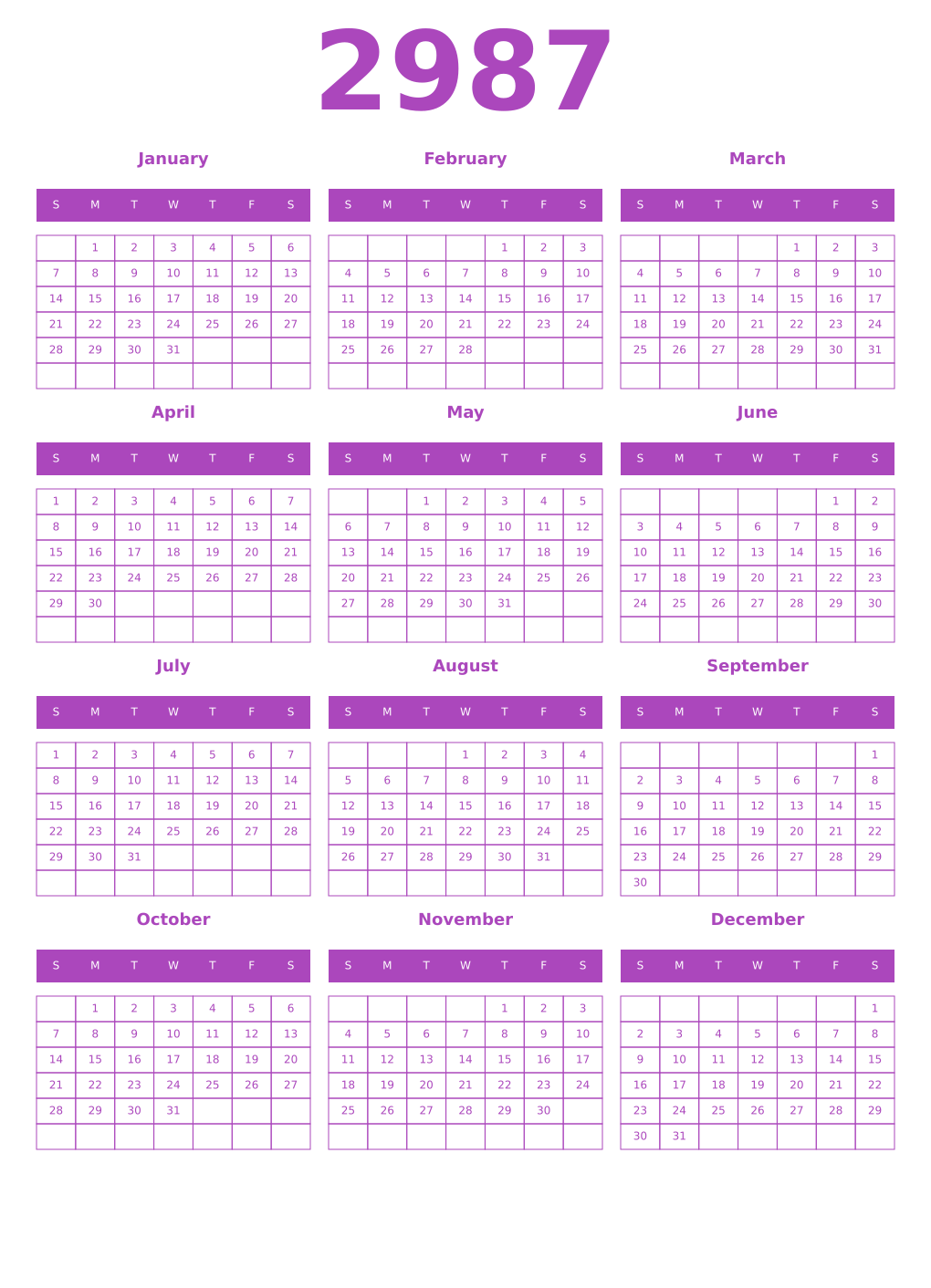 Printable 2987 Year Calendars purple
