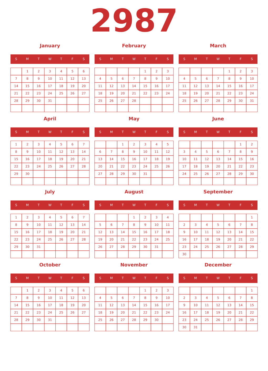 Printable 2987 Year Calendars red