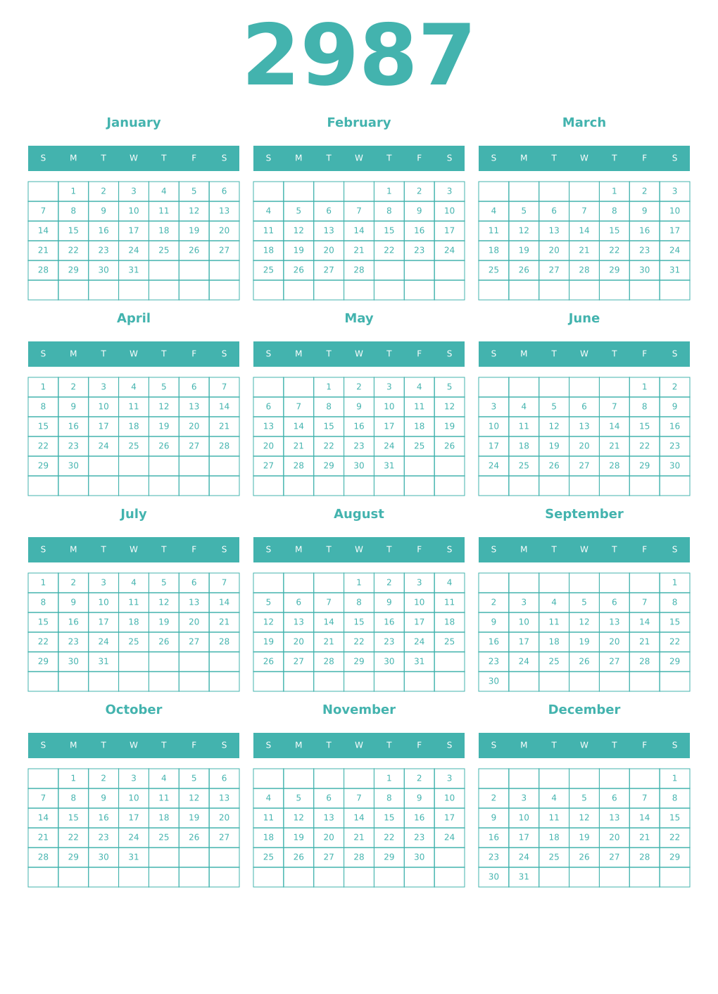 Printable 2987 Year Calendars verdigris