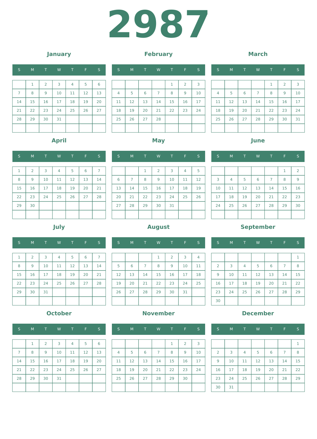 Printable 2987 Year Calendars viridian