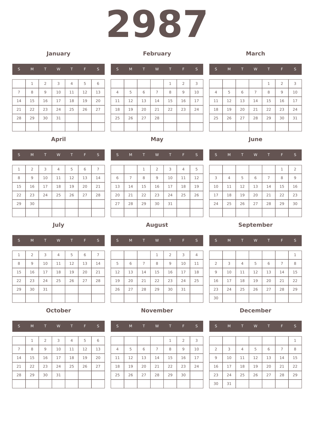 Printable 2987 Year Calendars wenge