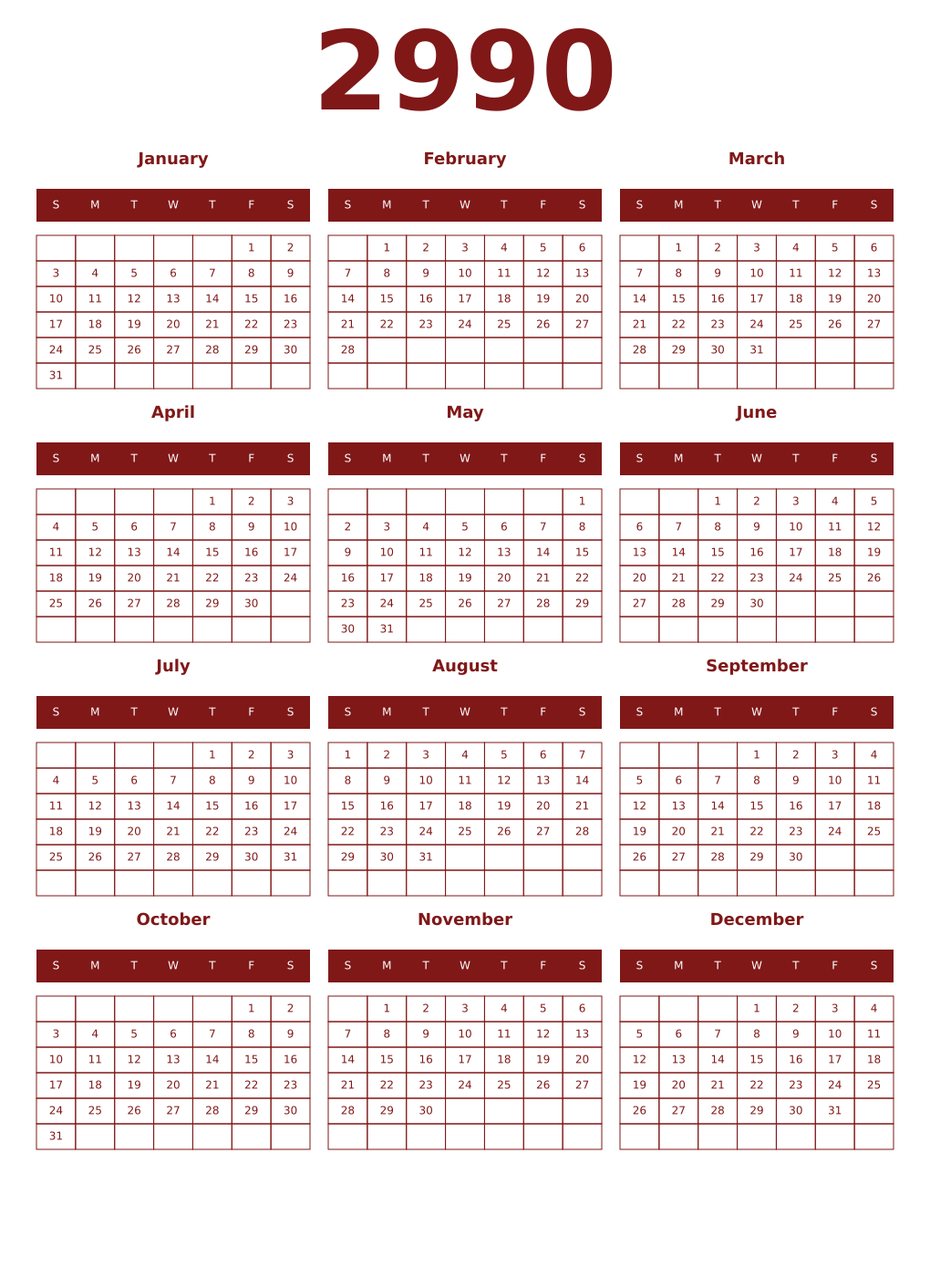 Printable 2990 Year Calendars falu