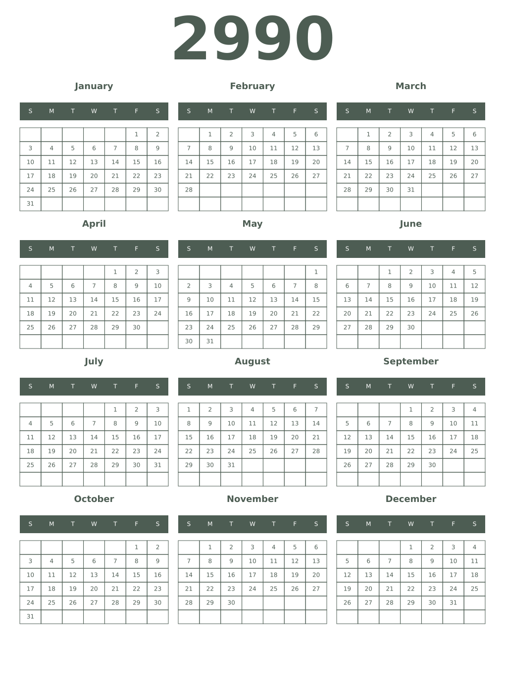 Printable 2990 Year Calendars feldgrau