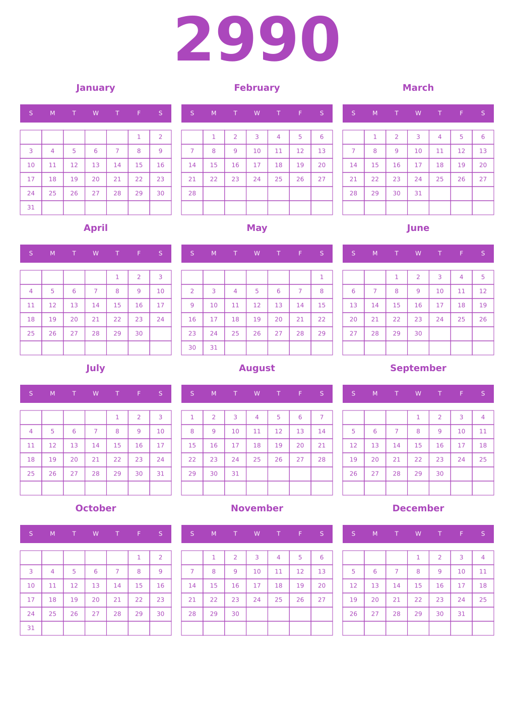 Printable 2990 Year Calendars purple
