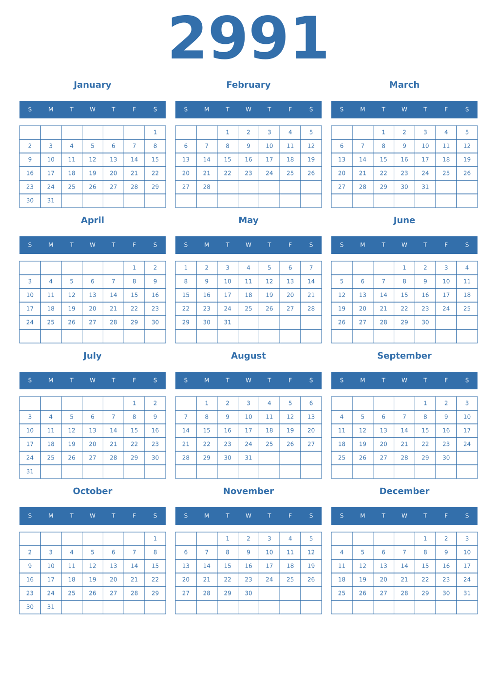 Printable 2991 Year Calendars blue