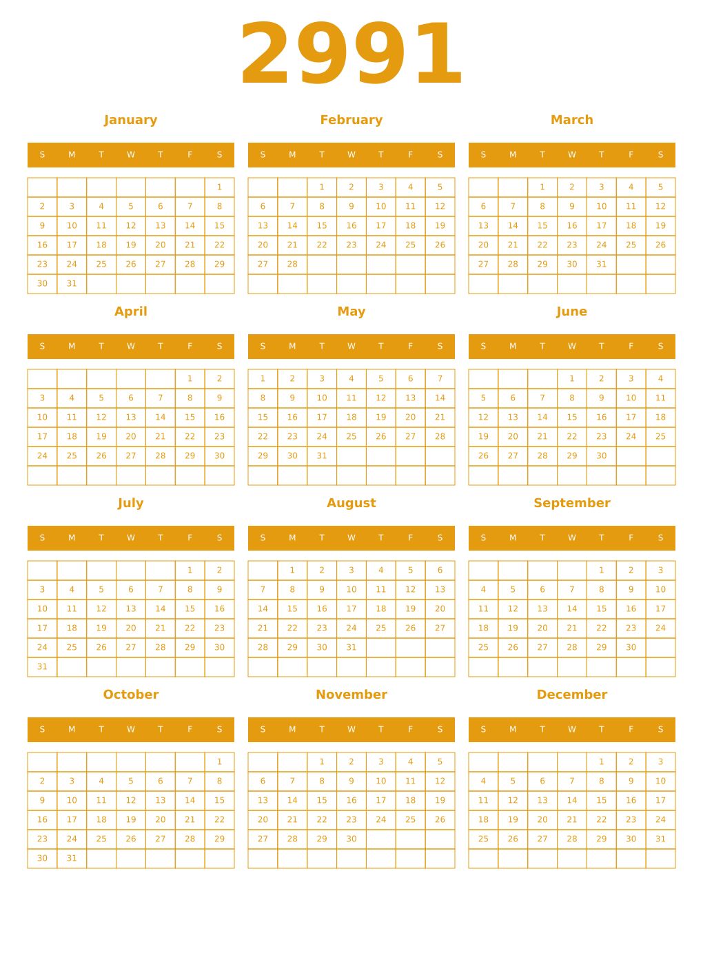 Printable 2991 Year Calendars gamboge