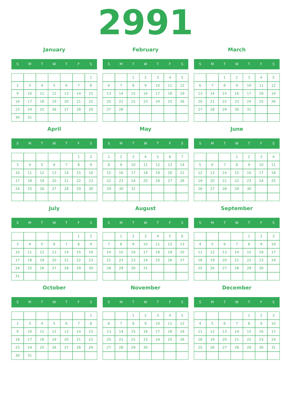 Printable 2991 Year Calendars green