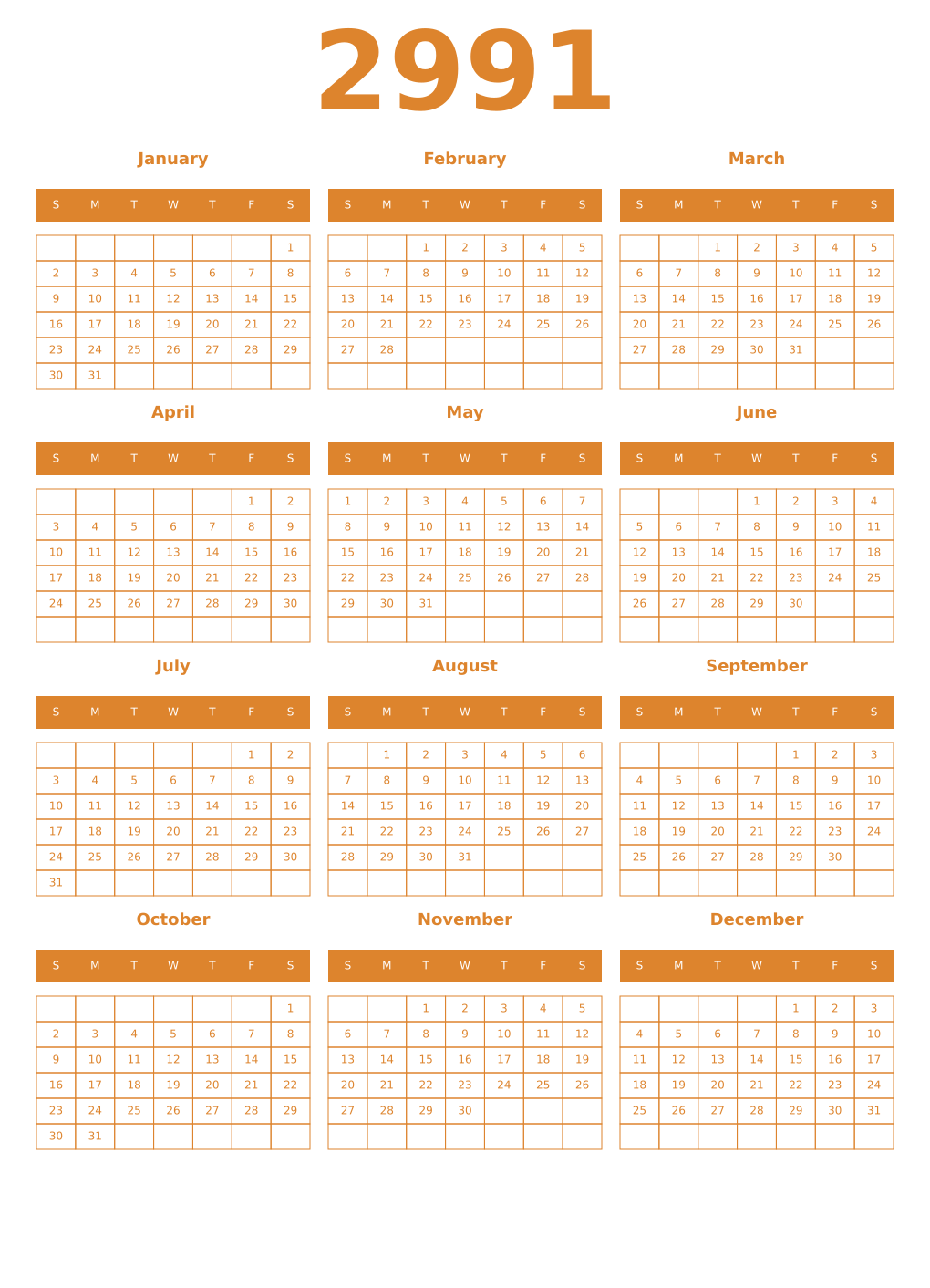 Printable 2991 Year Calendars orange