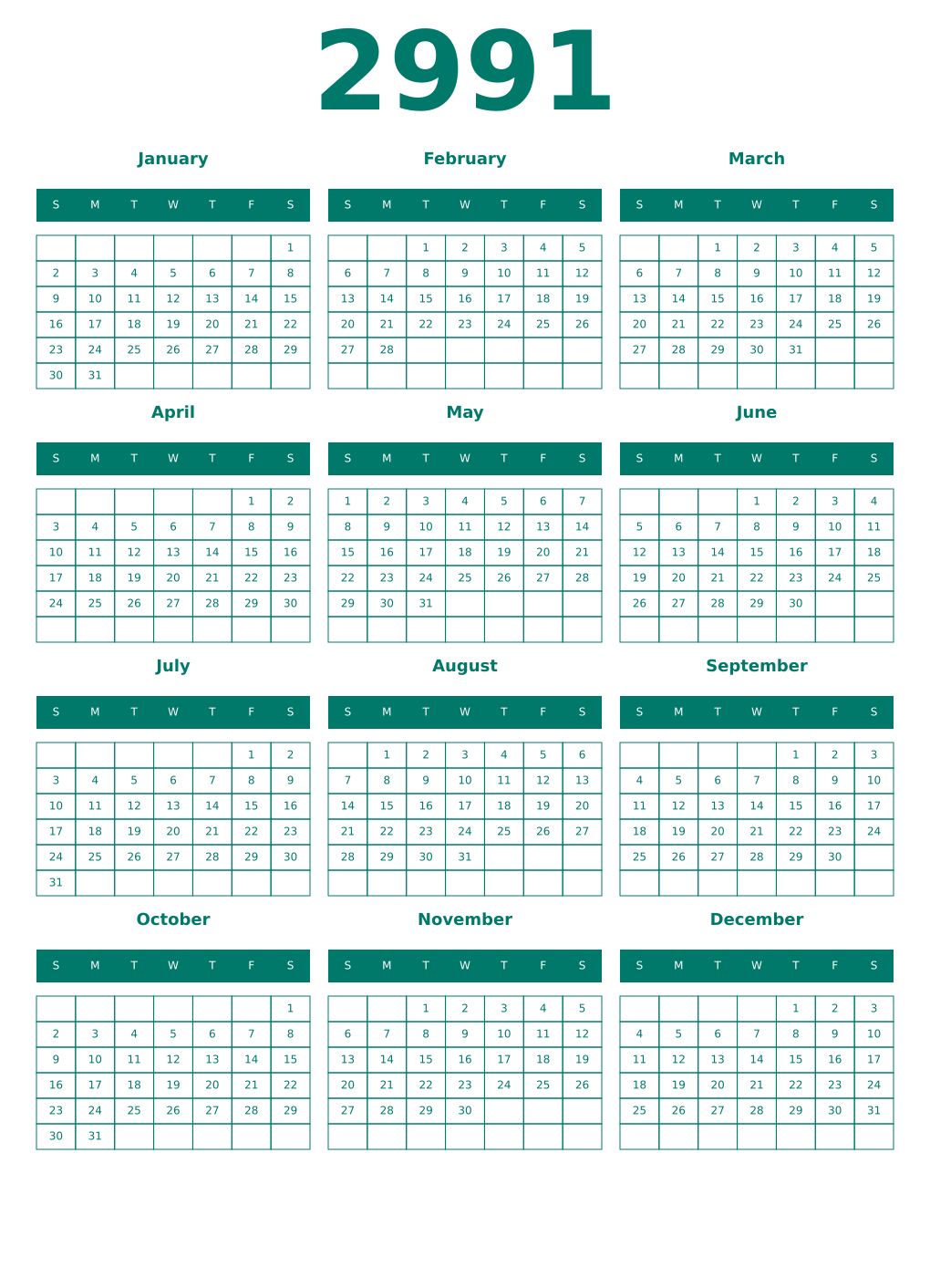 Printable 2991 Year Calendars pastel
