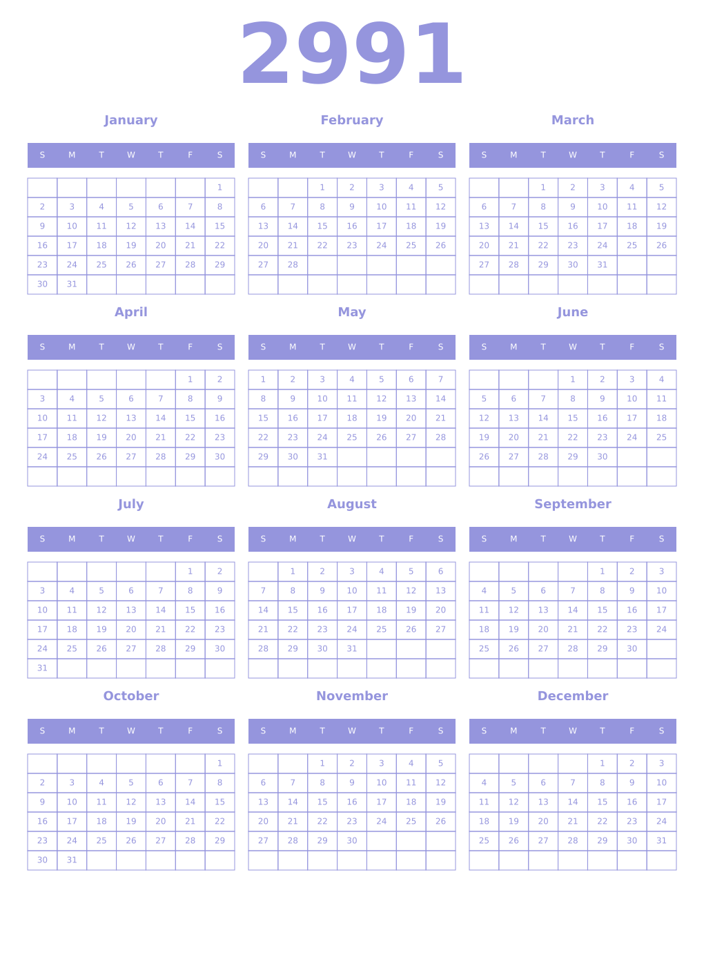 Printable 2991 Year Calendars periwinkle