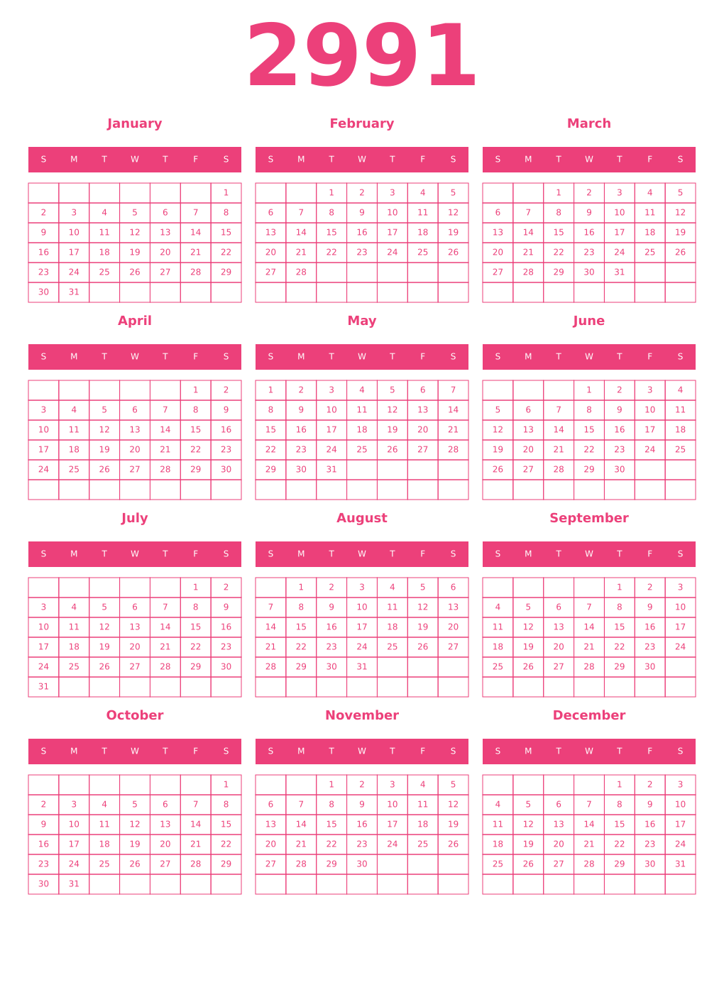 Printable 2991 Year Calendars pink