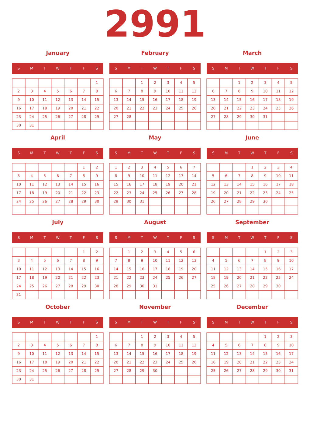 Printable 2991 Year Calendars red
