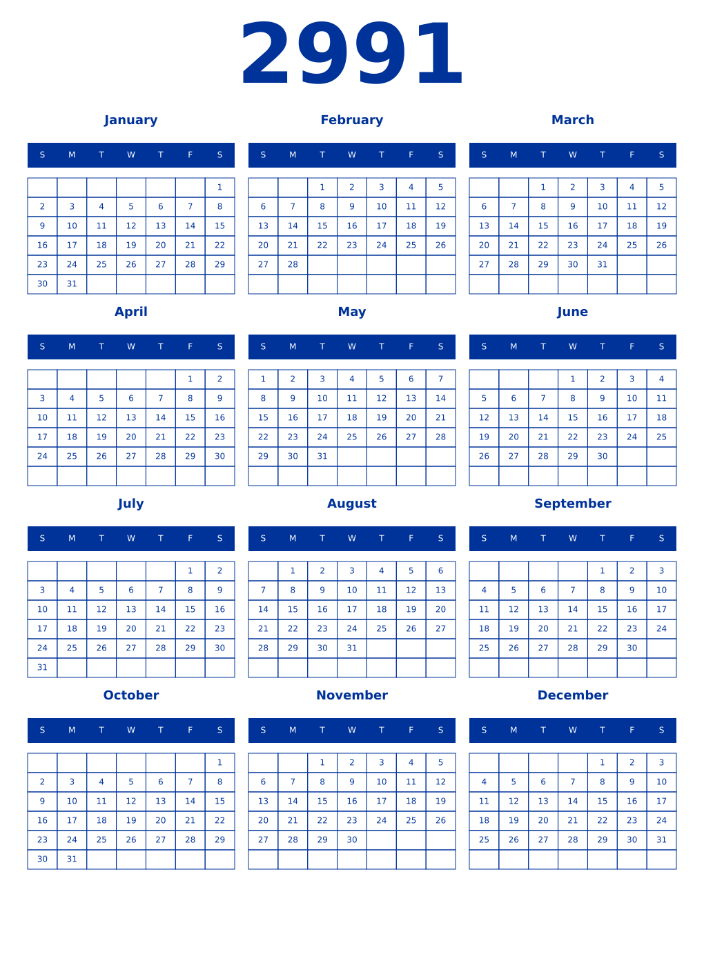 Printable 2991 Year Calendars smalt